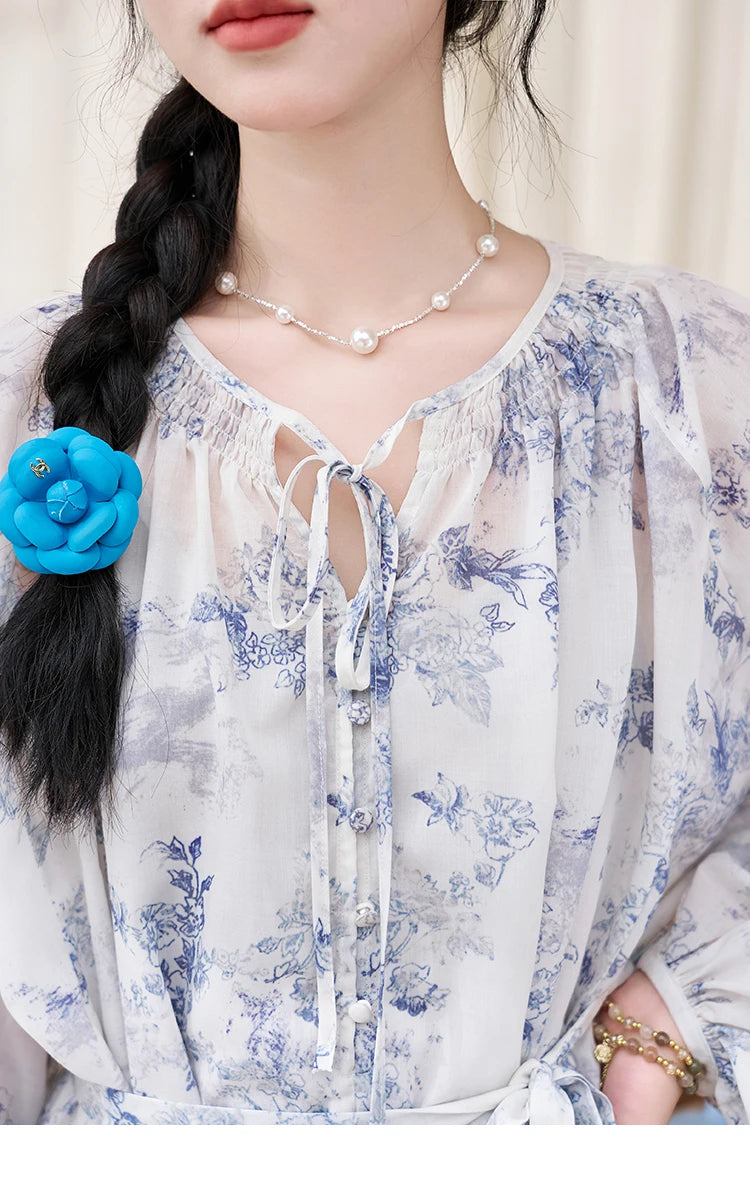 MISHOW Fairy Temperament Floral Puff Sleeved Chiffon Dress Spring Summer 2025 Lace-up O Neck Waist Knee-Length Dress MXD14L1681