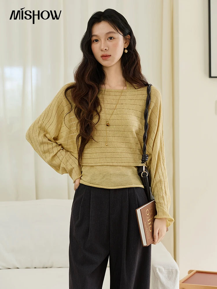 MISHOW Striped Short Hanging Neck Top Two-piece Set 2025 Autumn Wool Blend Knitted Sweater Casual Fashion Top Sets MXE46T1399
