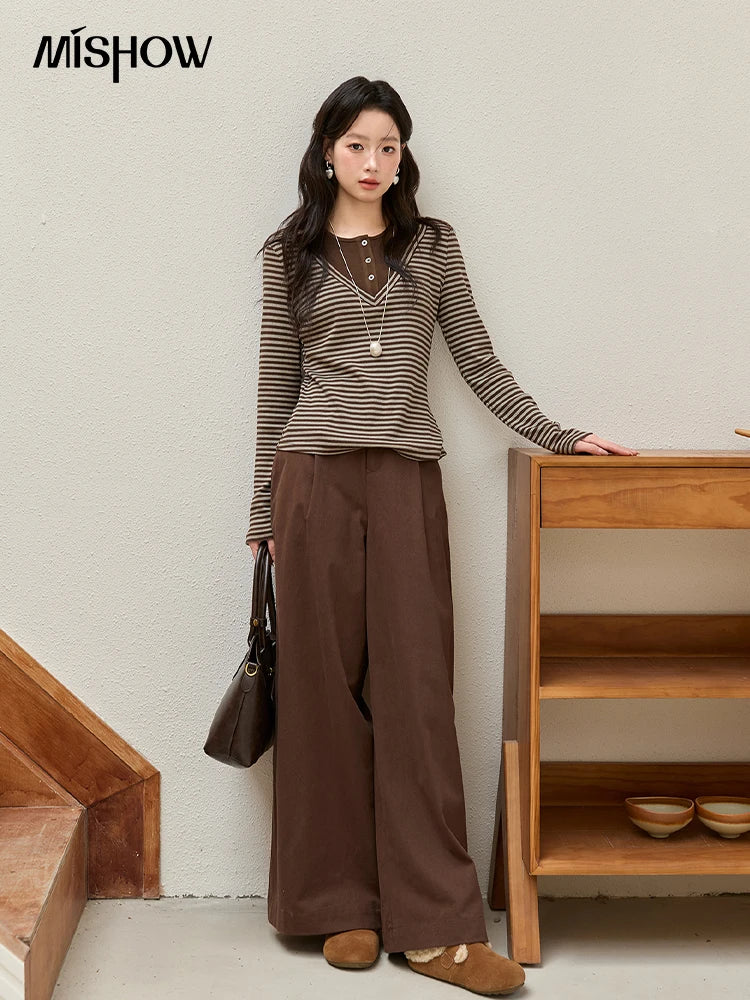 MISHOW Cotton Woman Long Sleeves Tee 2025 Autumn Winter Retro Fake Two-piece Striped Top Commute Knitted Top Ladies MXE51Z2555