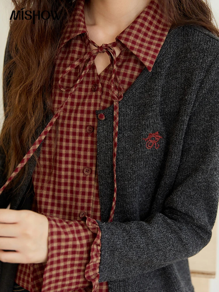 MISHOW Women's Fake Two Knitted Sweaters 2025 Autumn Plaid Splicing Embroidered Tops Retro Lapel Flare Sleeve Tops MXE45Z1401