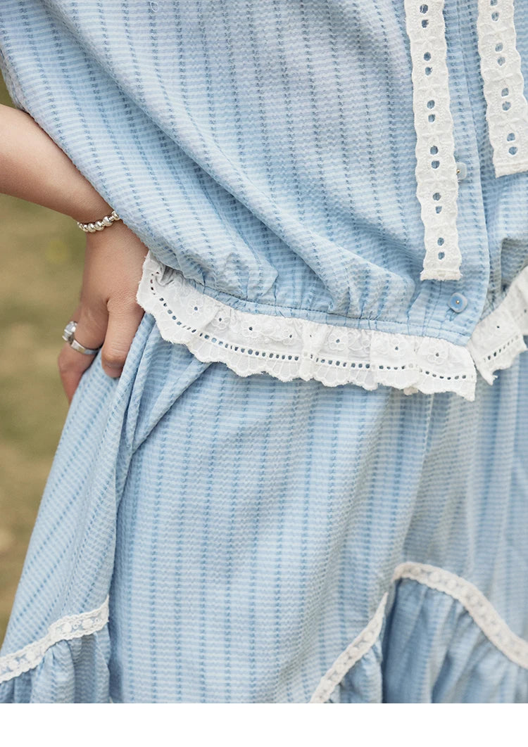 MISHOW Elegant Summer Skirts Sets Women 2025 Short Sleeve V-neck Tops Blue Stripe Lace A-line Skirt Woman Slimming MXE31T0531