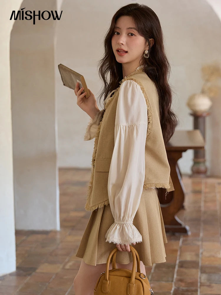 MISHOW Khaki Rough Selvedge Vest Coat Pleated Skirt Two-piece Set 2025 Autumn Women Linen Blend Retro Set Office Lady MXE41T0690
