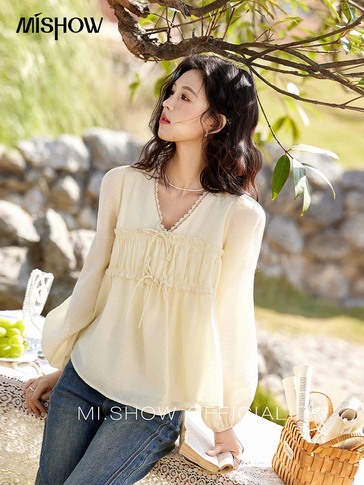 MISHOW Women's Jacquard Lace V-neck Blouses 2025 Spring Ruffled Wavy Design Blouse Slim Elegant Commuting Sweet Top MXE12C0397