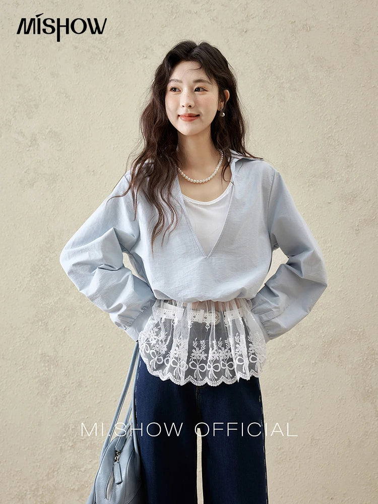MISHOW French Spring Shirts Women 2025 Long Sleeve Turn-down Collar Fake Two-piece Blouses Female Splicing Lace Tops MXE16C0783