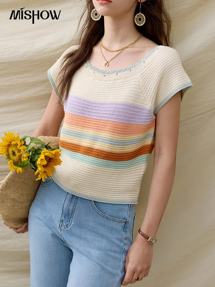 MISHOW Casual Stripe Knitted Pullover Women Summer New 2025 Short Sleeve Round Neck Slimming Tops Female Office Lady MXE31Z1222