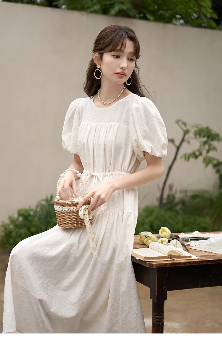 MISHOW French Draw String Waist Dress 2023 Summer Short Sleeve A-LINE Puff Sleeve O-Neck Pullover Elegant Solid Dress MXC38L1415