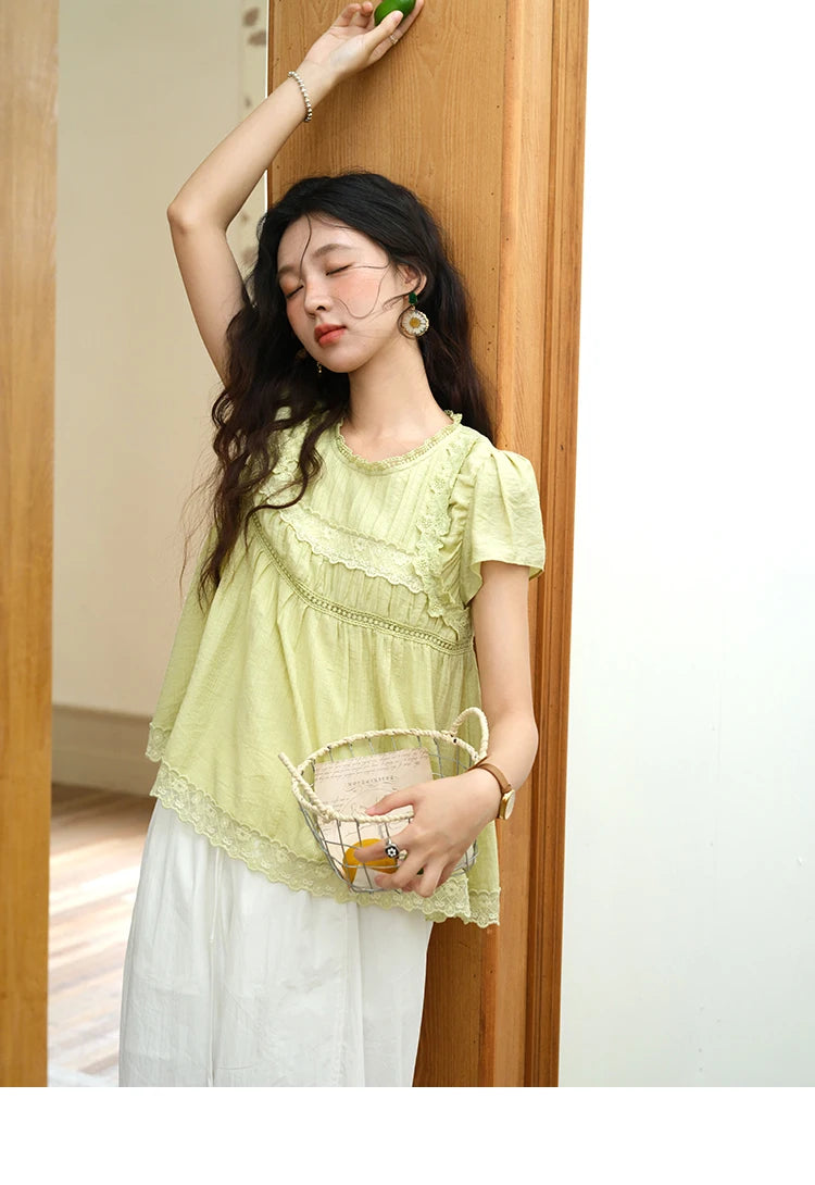 MISHOW Women's Fashion Round Neck Blouse 2025 Summer New Short Sleeve Mushroom Edge Lace Decoration Female Casual Top MXE39X1887