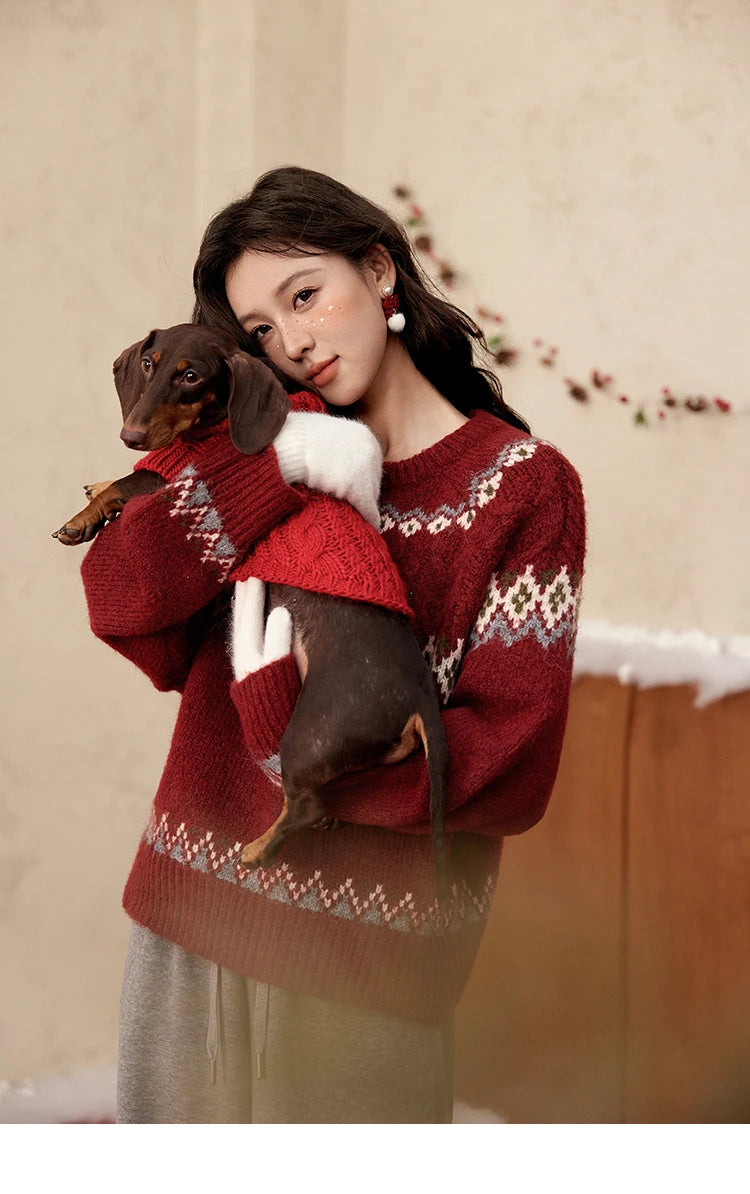 Mishow Red Fair Isle Raglan Sleeve Sweater MXD58Z1035