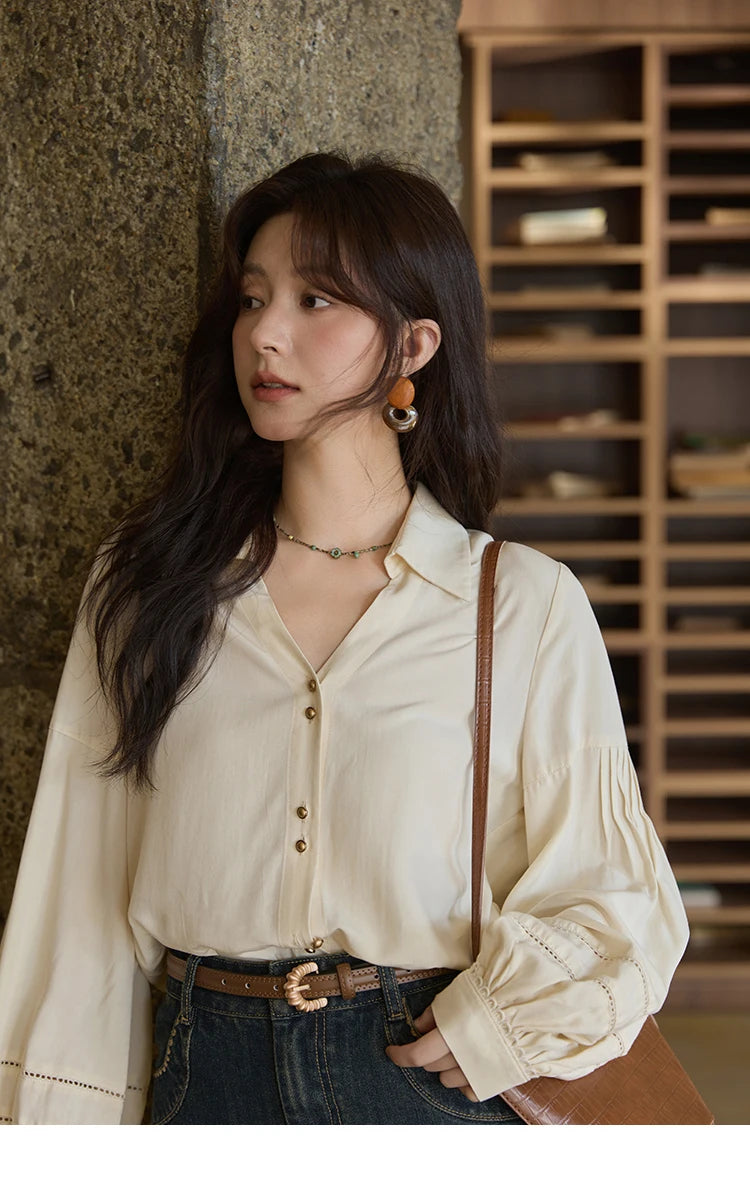 MISHOW Women's Shirt Lantern Sleeve Hollow Out Tops 2025 Autumn Single Breasted Solid Shirts Lapel Shirt Office Lady MXE41C2359