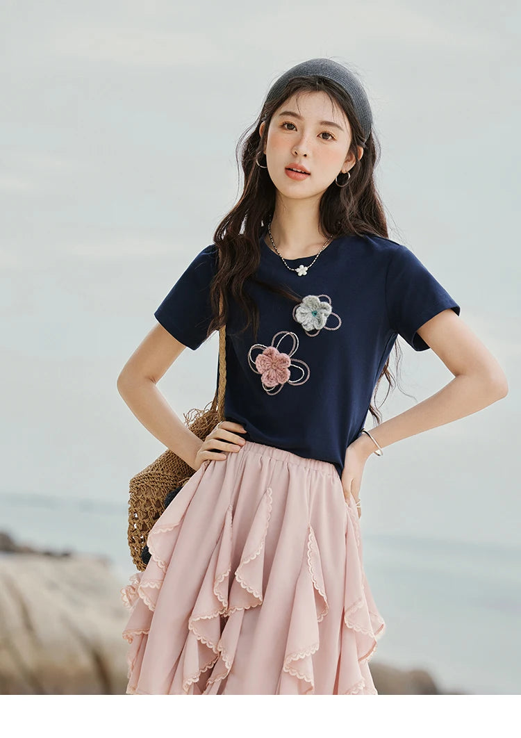 MISHOW Casual Summer Print T-shirts Women New 2025 Short Sleeve Round Neck Flower Beaded Shirts Female Fashion Tops MXE33T0499