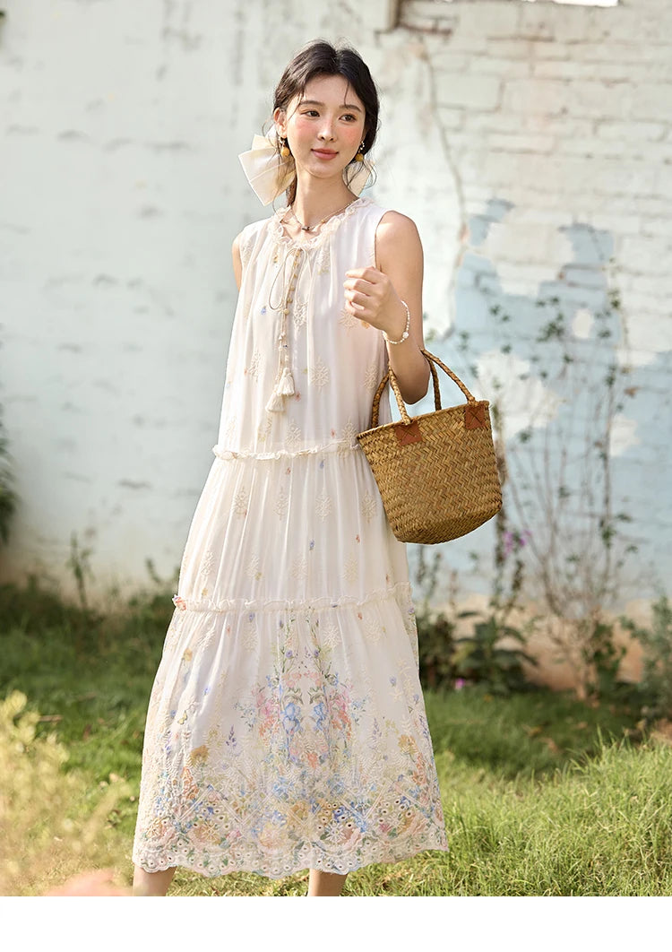 MISHOW Women's Fashion Sleeveless Print Dress 2025 Summer New Mushroom Edge O-Neck Lace Up Tassels Loose Midi Dresses MXE36L2253