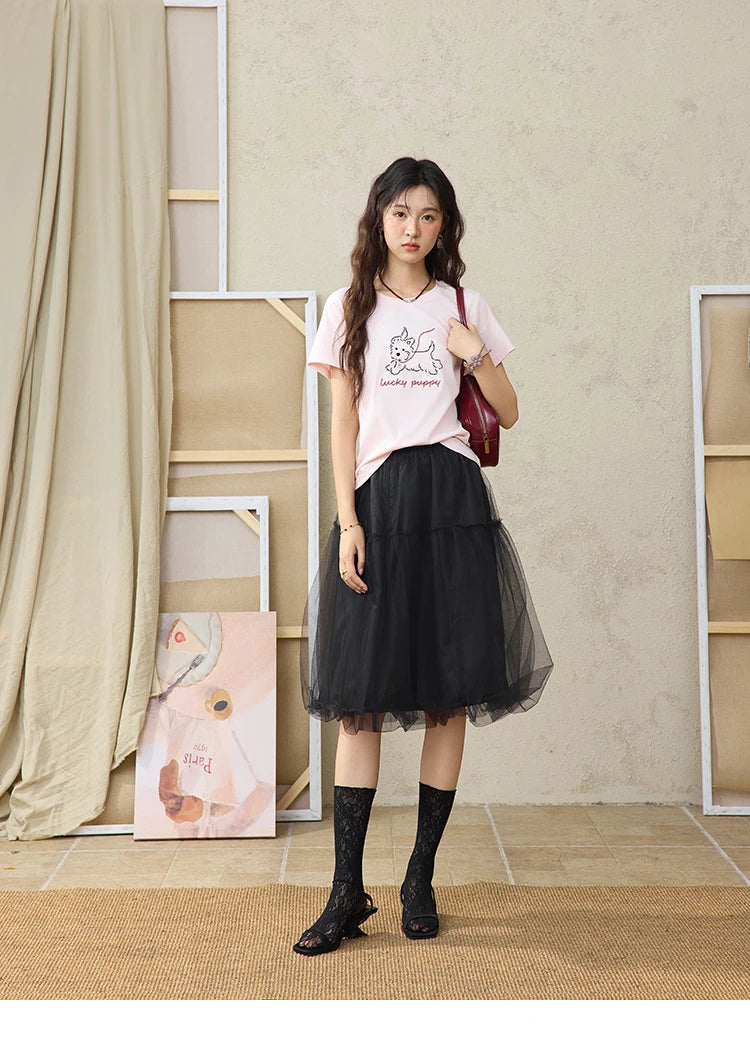 MISHOW Cute Printed Puppy Short Sleeve T-shirt 2025 Summer Round Neck Short Sleeved T-shirt Cotton Blend Casual Tees MXE36T0640