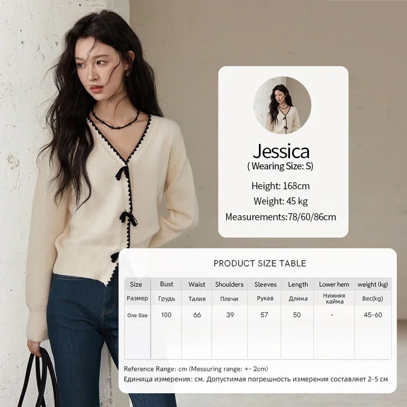 MISHOW Simple Knitted Cardigan Women V-Neck Single Breasted Bow Sweater Jacket Elegant French Long Sleeve Knitted Top MXD34Z0938