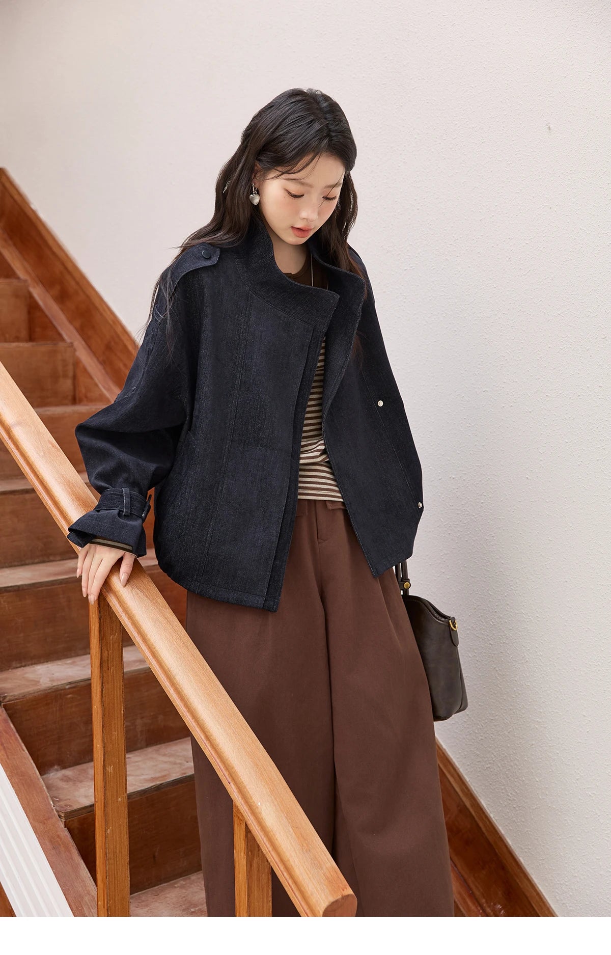 MISHOW Navy Blue Short Jacket for Women 2025 Autumn Winter Safari Style Stand Collar Epaulette Design Cuff Jacket MXE49W0901