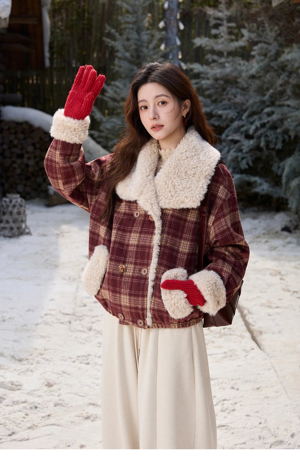 MISHOW Christmas Women's Retro Plaid Jacket 2025 Winter Large Lapel Tops Thickened Cotton-Padded Warm Short Coat MXE87W1004