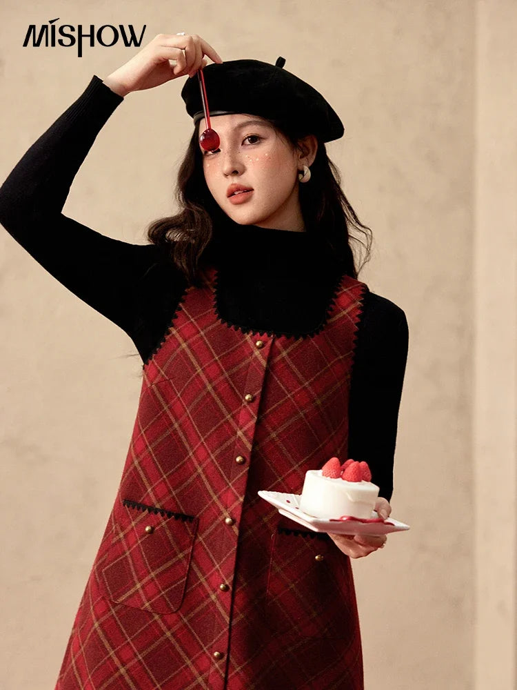 MISHOW Plaid Dress for Women Winter 2024 Contrasting Color Square Neck Plaid Dresses Woolen Sleeveless Vest Dress MXD58L2078