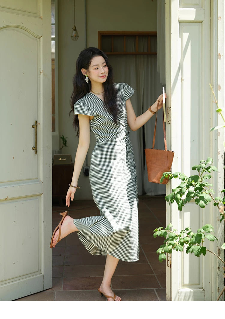 MISHOW Women's Fashion V-neck Dress 2025 Summer Office Lady Plaid Waist Cinched Sashes Short Sleeve Female Dresses MXE39L2410