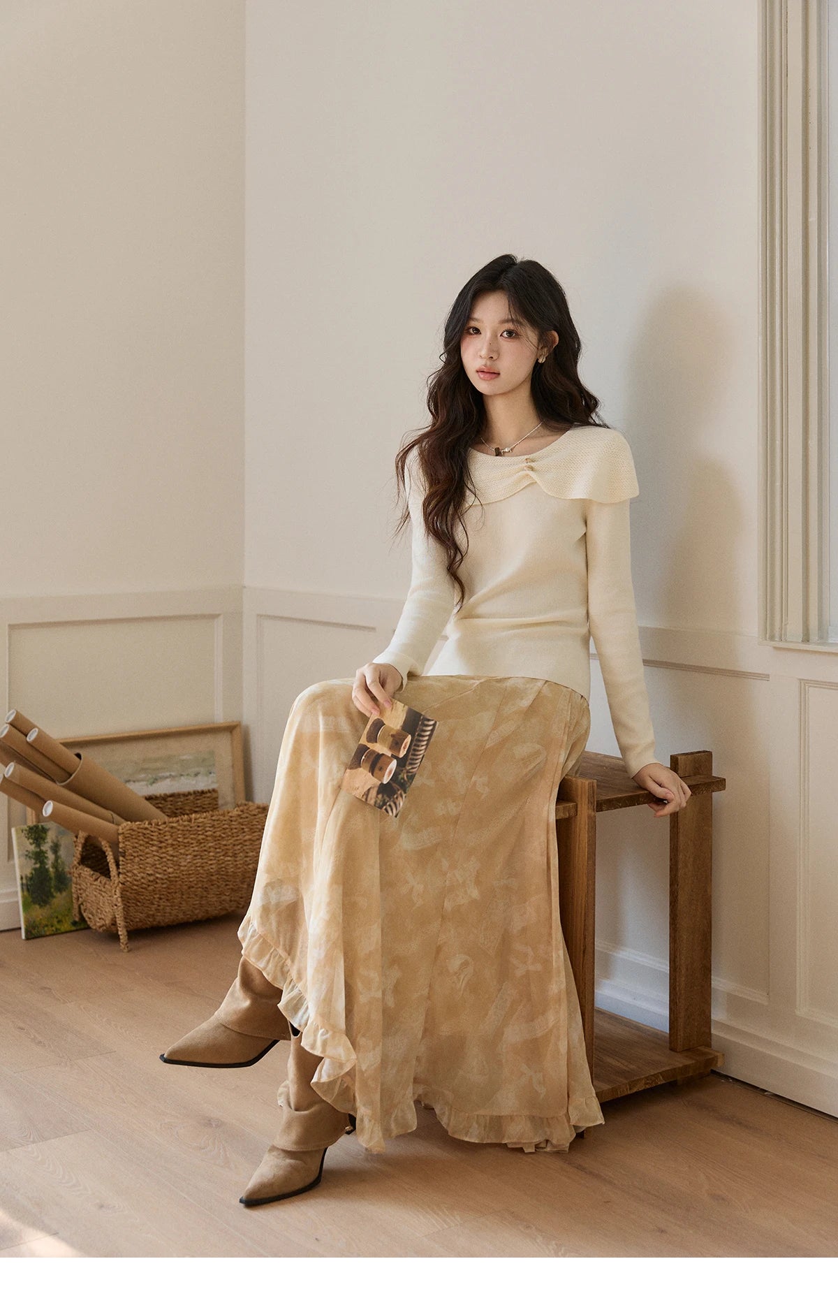 MISHOW Women's Beige Chiffon Maxi Skirt 2026 Spring Floral Print High Waist Ruffled Asymmetrical Casual Long Skirts MXF11B2463