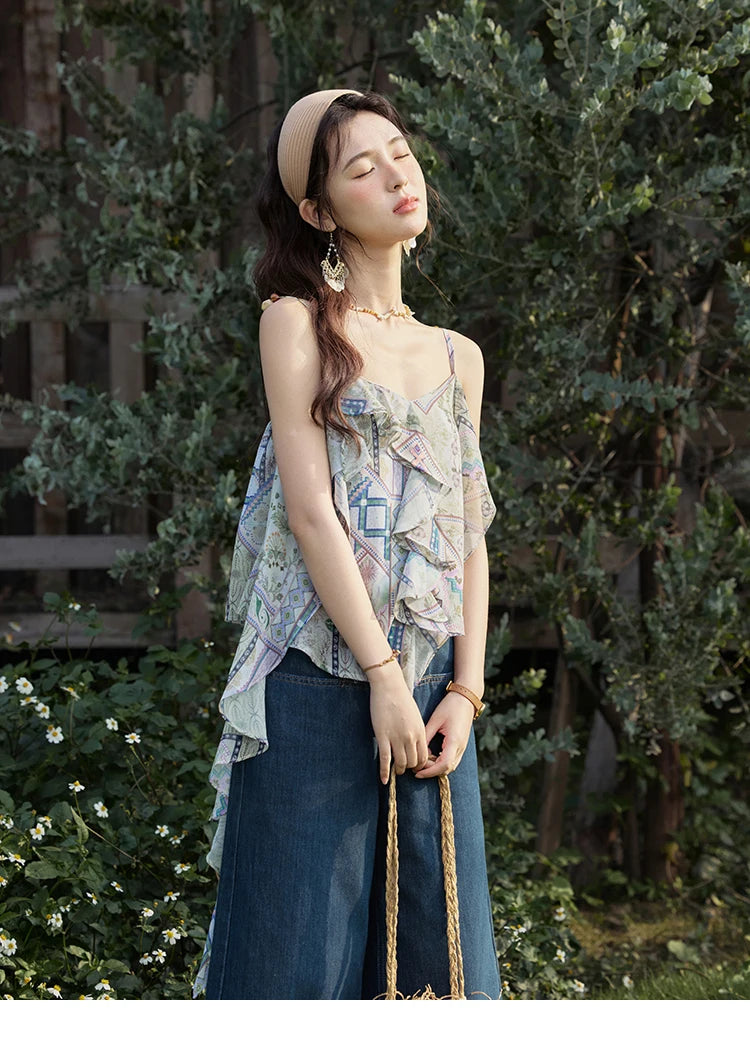 MISHOW Holiday Summer Camisole Tops Women 2025 Plaid Ruffled Layer Chiffon Floral Slimming Top Woman New Fashion MXE33X1803