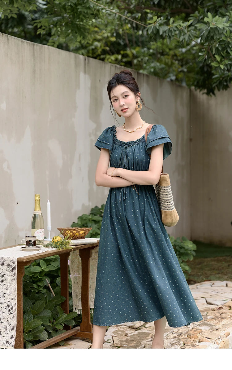 MISHOW Lace Up Flying Sleeve Polka Dot Dress Summer 2024 High Waist Pleated Long Dresses Square Neck Denim Dress MXD30L2022