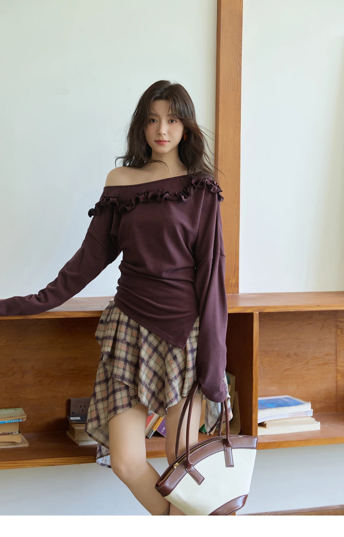 MISHOW Purple Plaid Irregular Skirt for Women Autumn 2025 Linen Blend Invisible Zipper Short Skirt Ruffle Hem Skirts MXE42B2395