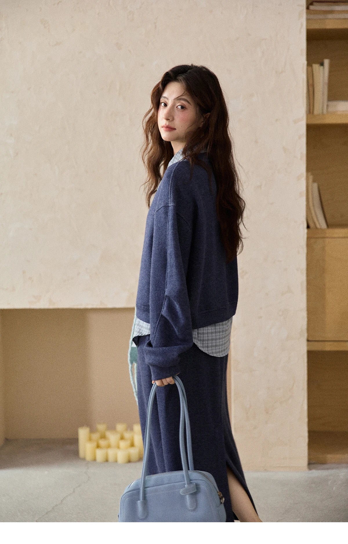 MISHOW Blue Plaid Sweatshirt Suit Women's 2025 Winter Fashion Turn-down Collar Knitted Top Straight Skirt Woman Sets MXE87T1445