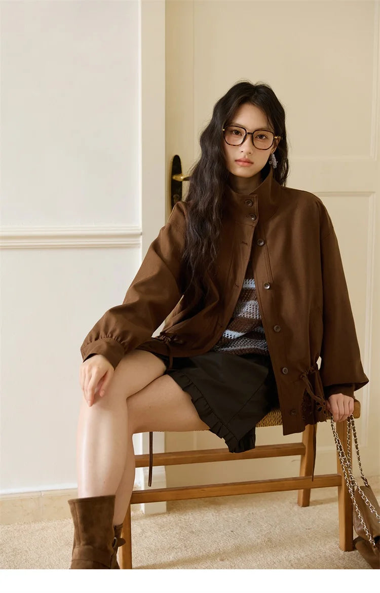 MISHOW Hollow Embroidered Trench for Women Autumn 2025 Drawstring Waist Coffee Jacket Lapel Single Breasted Coat MXE48W0855