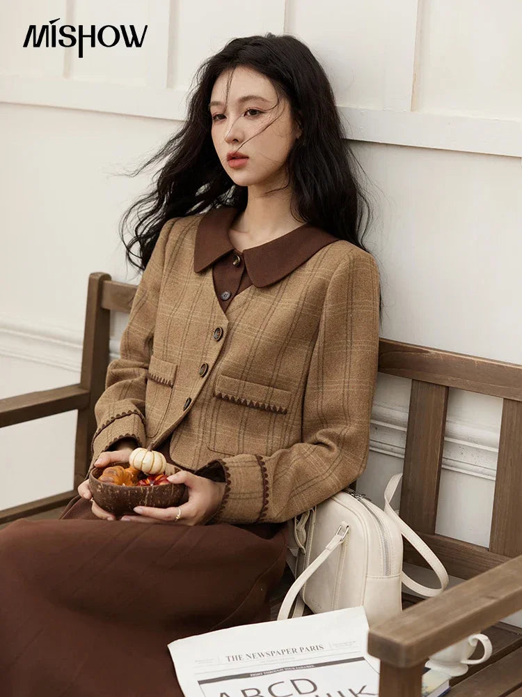 MISHOW Plaid Tweed Coats Midi Skirt Separately Women 2024 Fall Winter Polo Vintage Elegant Jackets Pleated Skirts MXD46W0460