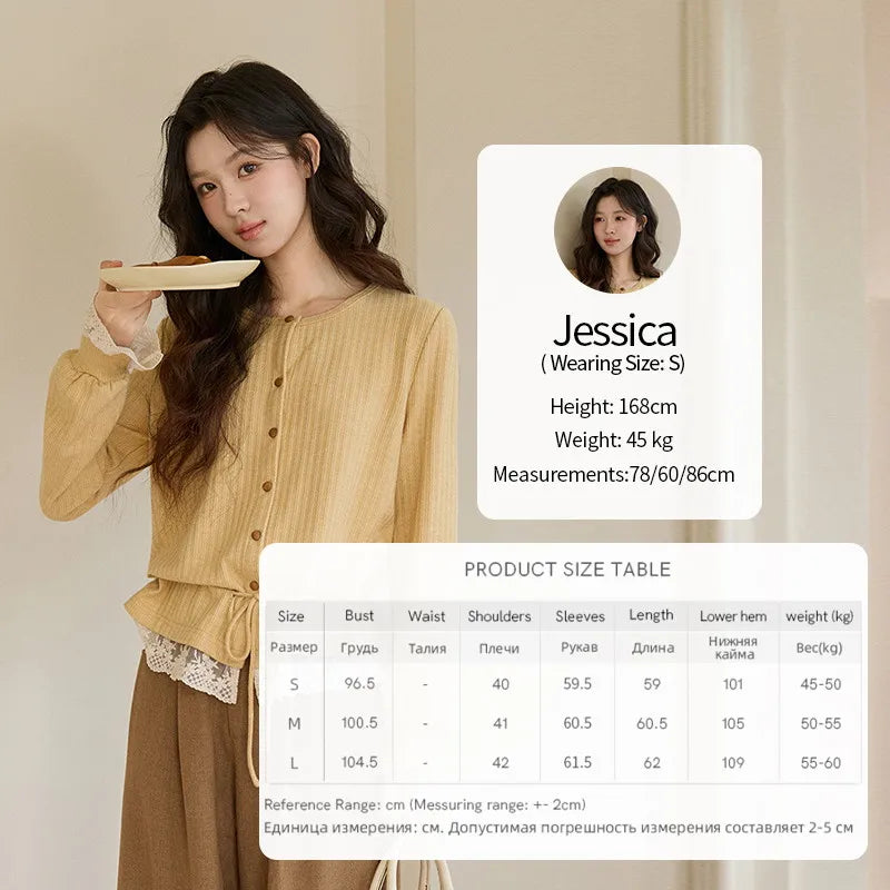 MISHOW Women's Yellow Ribbed Cardigan Spring Lace Trim Drawstring Waist Thin Knitted Sweater Long Sleeve Casual Top MXF11Z2919