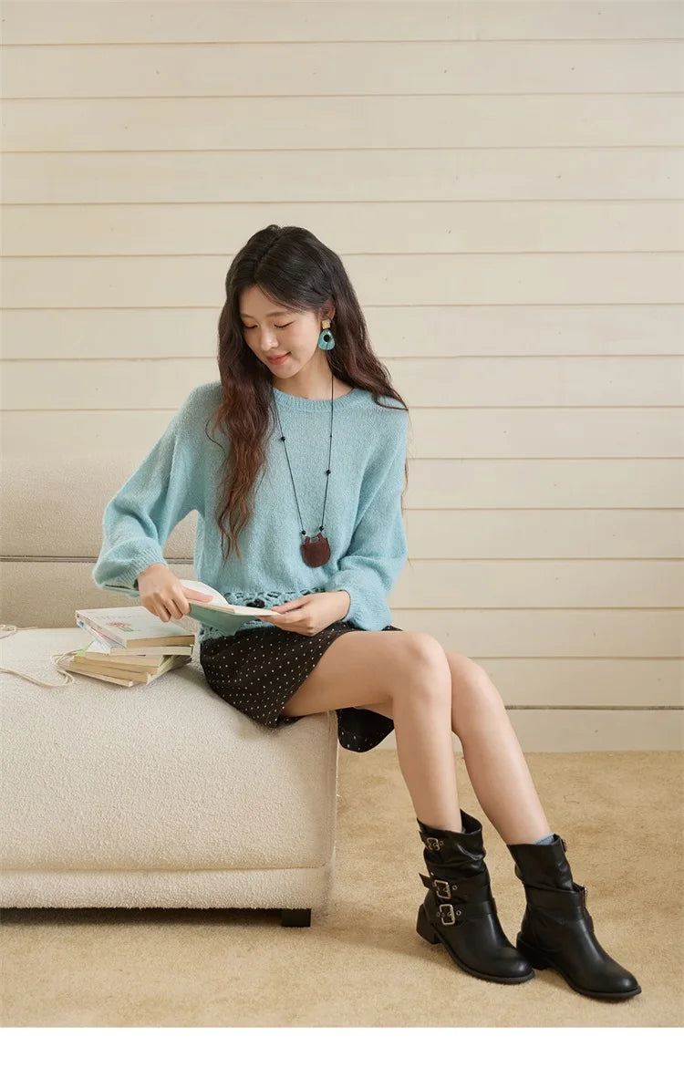 MISHOW Woman Sweaters 2025 Elegant French Hollow Out Floral Sweater Loose O-neck Long Sleeves Knit Top Autumn Clothes MXE44Z2491