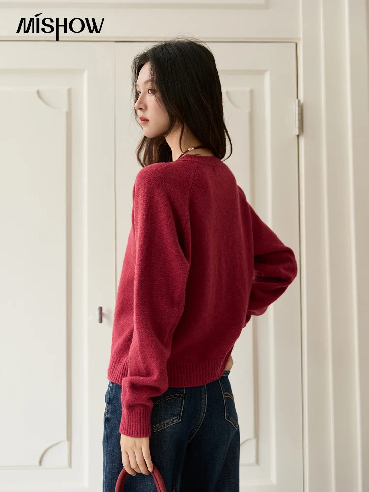 MISHOW Red Knitted Cardigan for Women 2025 Autumn Round Neck Single Breasted Buckle Embroidered Casual Cardigans Lady MXE47Z2621