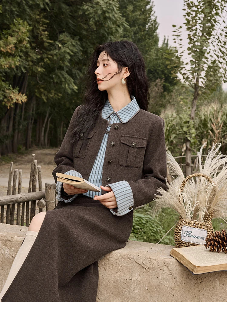 MISHOW Plaid Tweed Skirt Long-sleeved Jacket Long Skirt Separately Winter 2024 Korean O Neck Coat Front Slit Skirt MXD43W0445