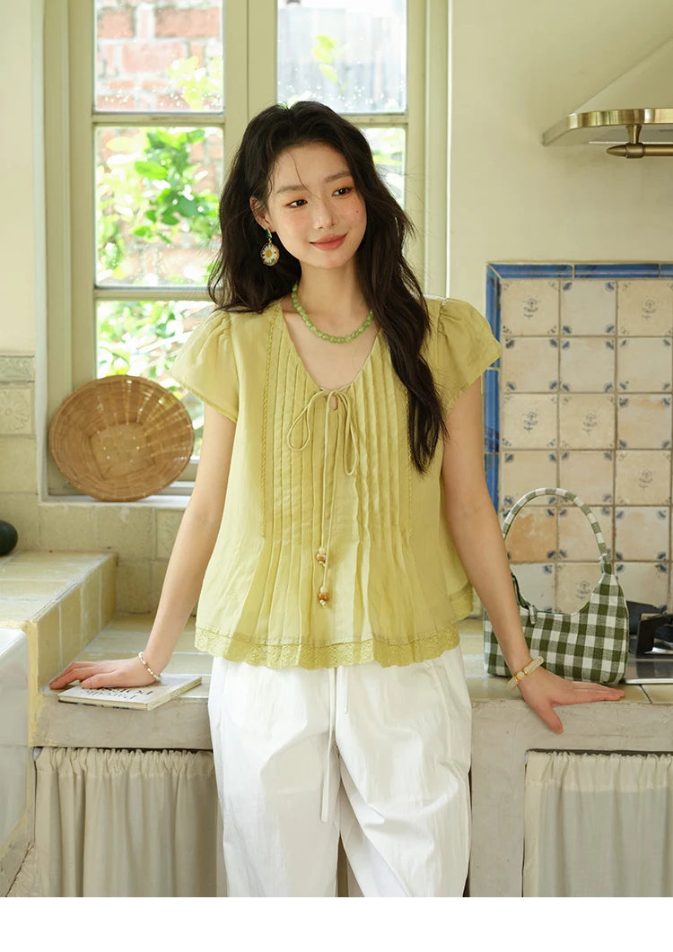 MISHOW V-Neck Lace Up Blouse Flying Sleeve Lace MXE37X1855