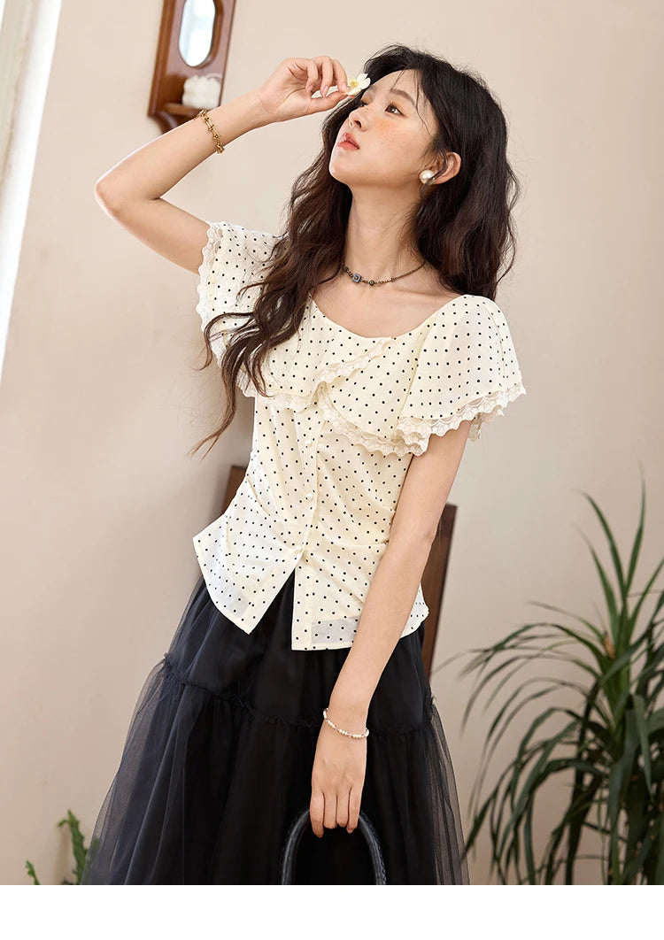 MISHOW Women's Apricot Polka Dot Shirt 2025 Summer French Ruffle Edge Patchwork Lace Shirts Short Sleeved Slim Top MXE34X1783