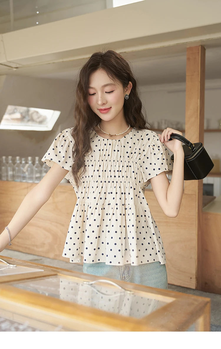 MISHOW Polka Dot Blouses for Women 2025 Summer French Flying Sleeve O Neck Elastic Folds Loose Retro Female Doll Top MXC39X1291