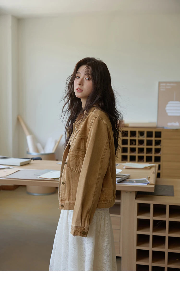 MISHOW Light Brown Vintage Denim Jacket for Women 2025 Autumn Embroidered Pockets Dropped Sleeve Retro Loose Jacket MXE41W0795