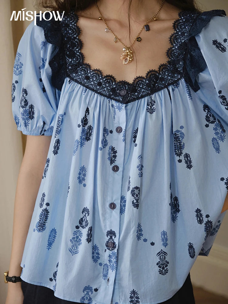 MISHOW Fashion Print Cotton Shirt for Women 2025 Summer New Puff Sleeve Lace Splicing Retro Blue Casual Button Top MXE35X1842