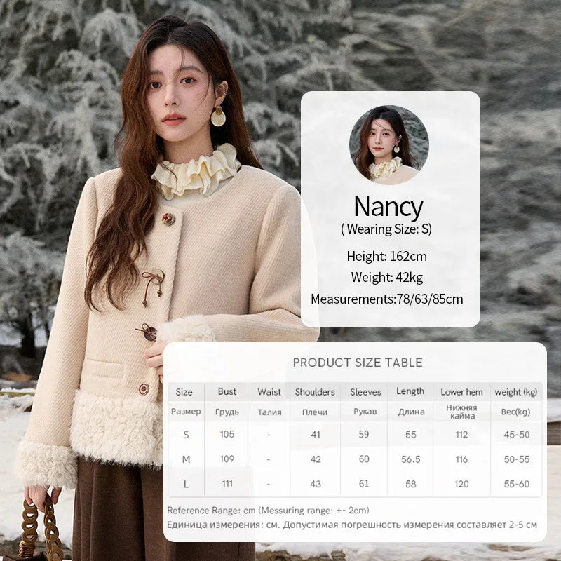 MISHOW Retro Apricot Wool Thickened Short Coat 2025 Winter Plush Splicing Coat Placket Vintage Handmade Buttons Coat MXE92W0998