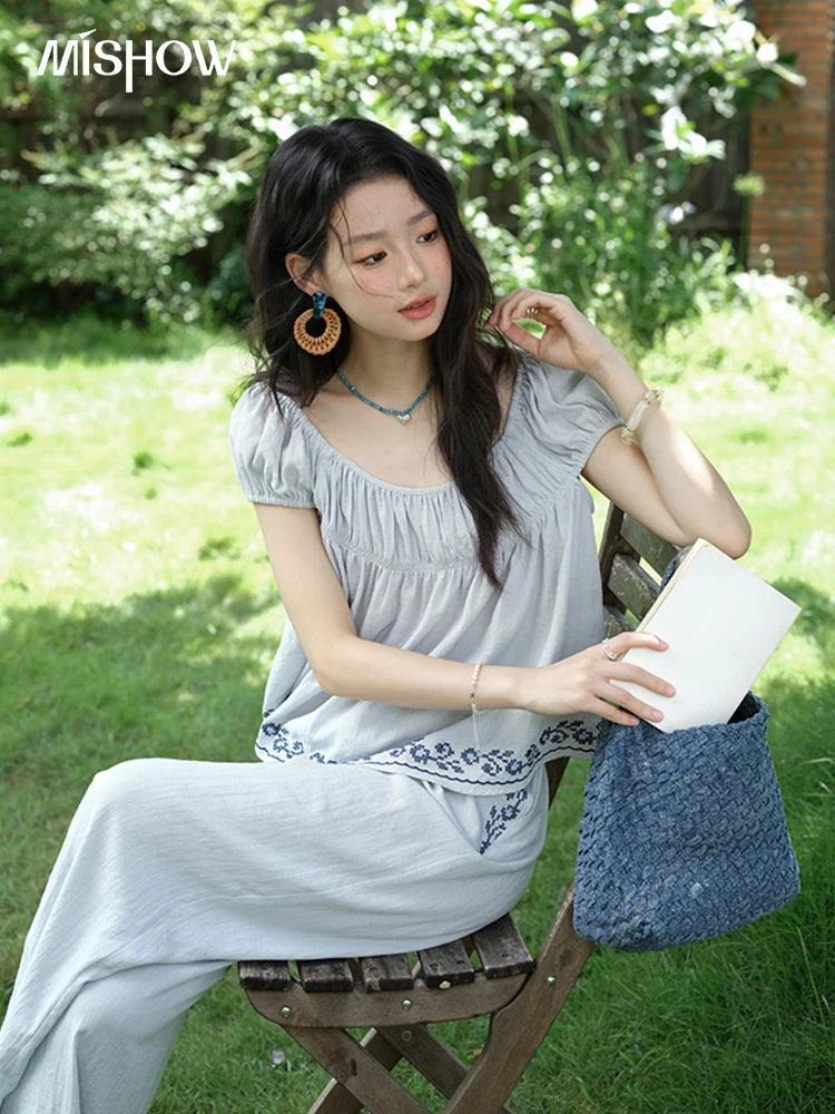 MISHOW Women's Two Piece Set 2025 Summer New Embroidery Flower Round Neck Blouse Fashion Pocket Wide Leg Pants Set MXE39T0669