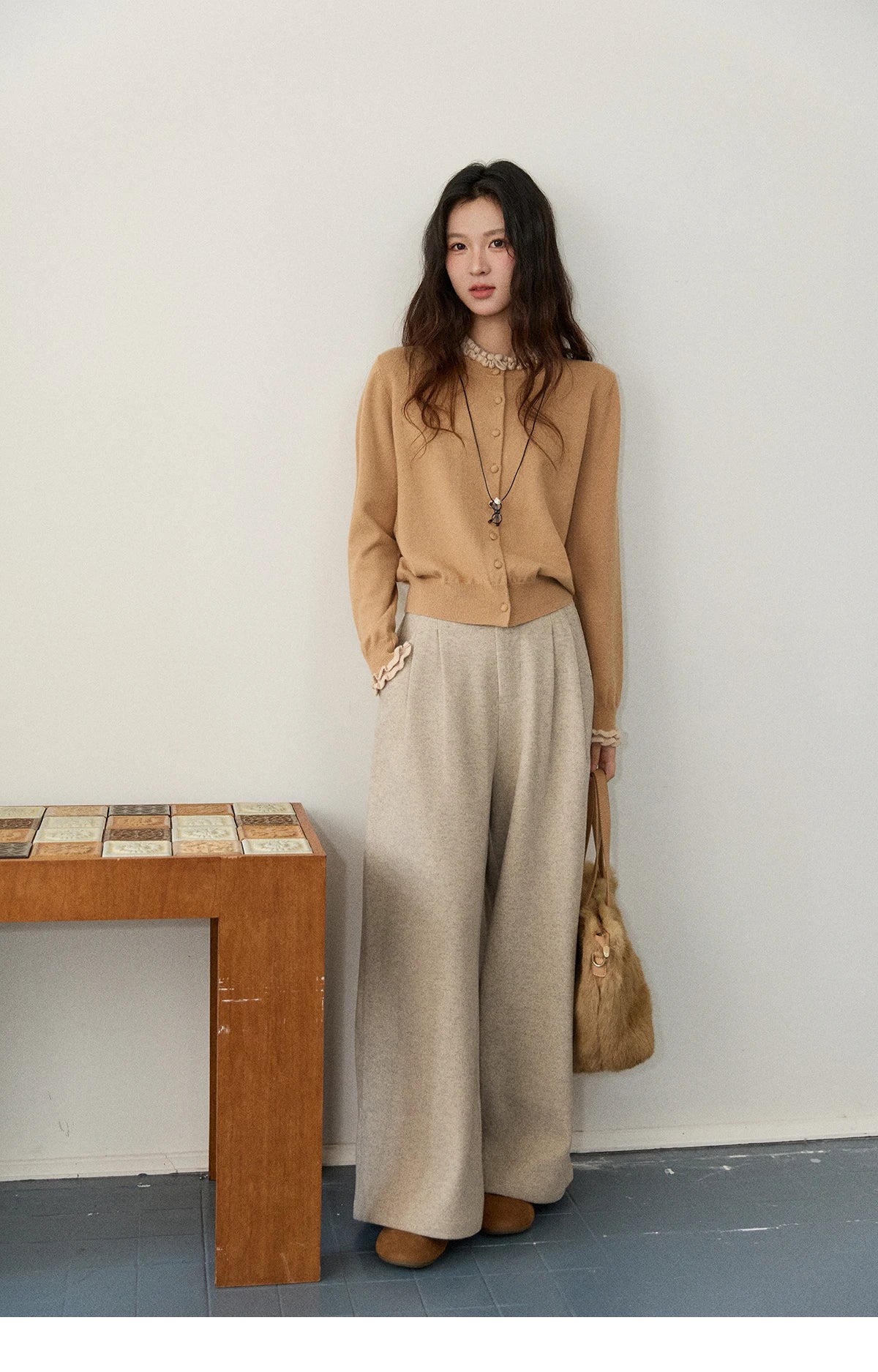 MISHOW Women Knit Cardigan Long Sleeve 2025 Winter Retro Ruffle O-neck Knitted Sweater Loose Casual Commute Khaki Top MXE91Z2749