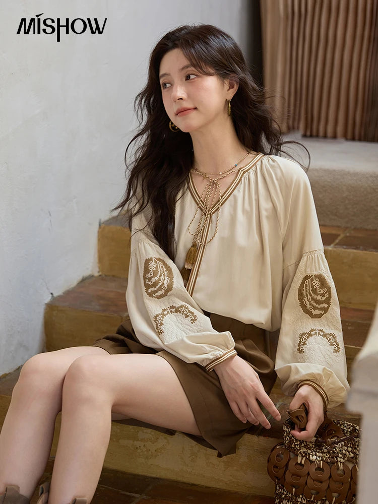 MISHOW Autumn Apricot Embroidered Blouses 2025 Contrasting Tassels Lace Up Blouses Lantern Sleeves Loose Vintage Top MXE41X1940