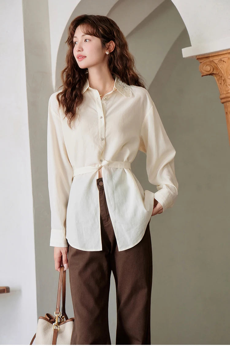 MISHOW Women's Casual Loose Shirt 2023 Autumn Turn-down Collar Embroidery Hollowed Out Single Breasted Mid Length Top MXC41C0077