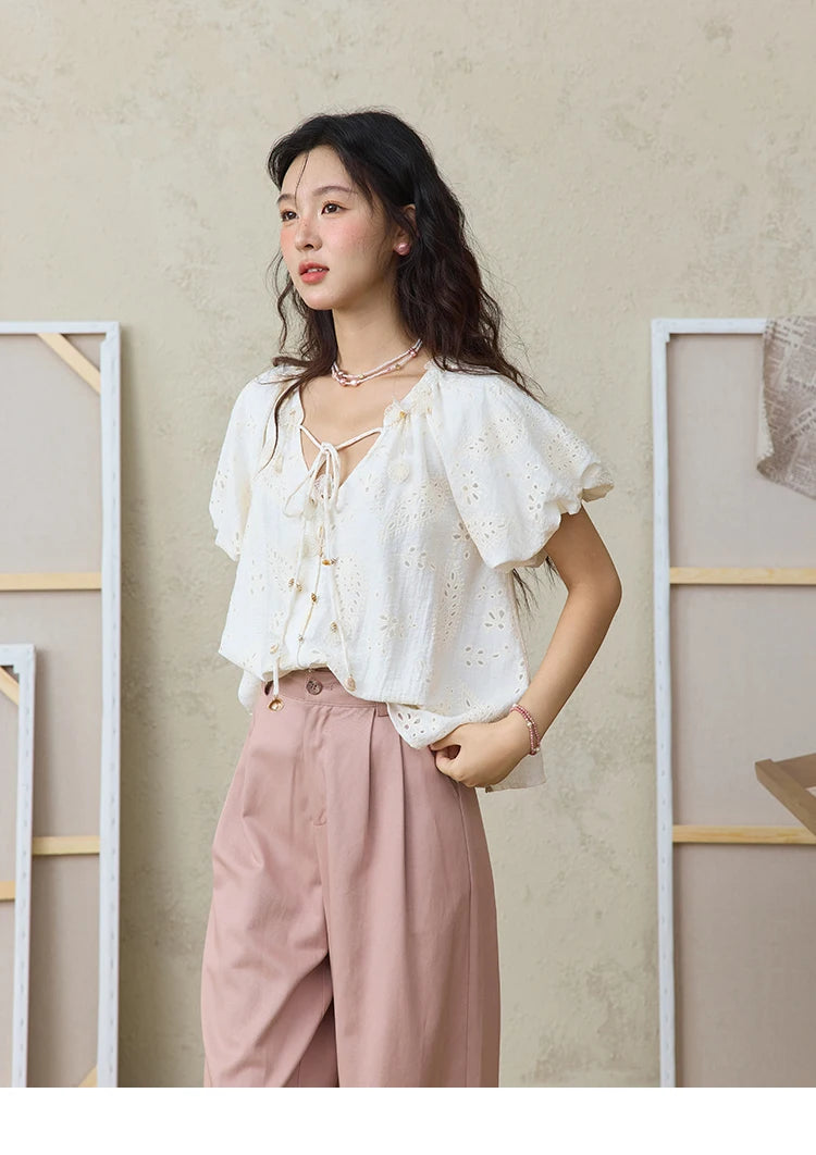 MISHOW Hem Lace Hollow Out Wide Leg Pants for Women Summer 2025 High Waist Loose Pink Pants Straight Leg Trousers MXE31K0900