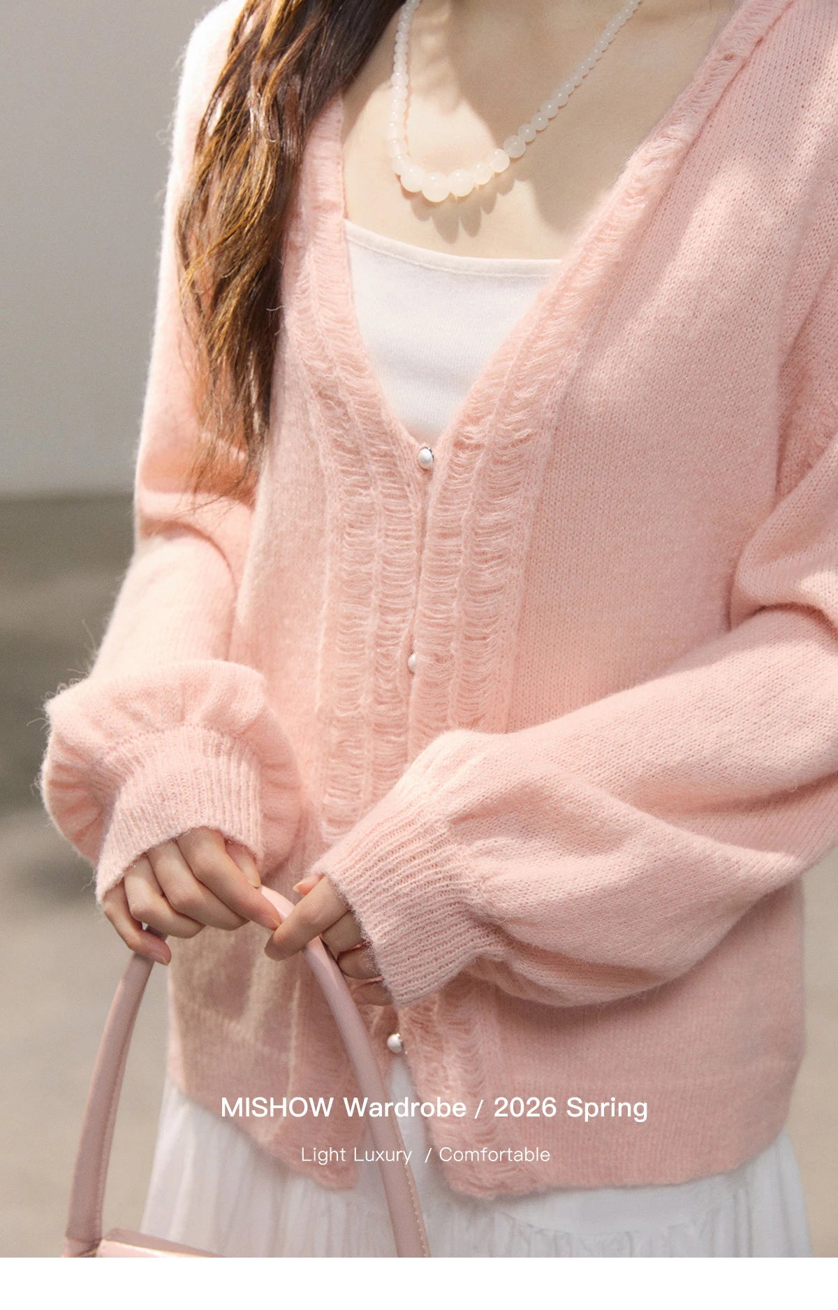 MISHOW Women's Pink Sweet Knit Cardigan 2026 Spring V-Neck Ruffled Trim Pearl Button Cardigans Loose Knitted Sweater MXF108Z1028