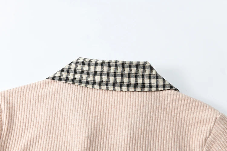 MISHOW Plaid Splicing Fake Two-piece Tops for Women Spring 2025 Contrasting Colors Slim Thin Top V-neck Casual Tees MXE13Z1108