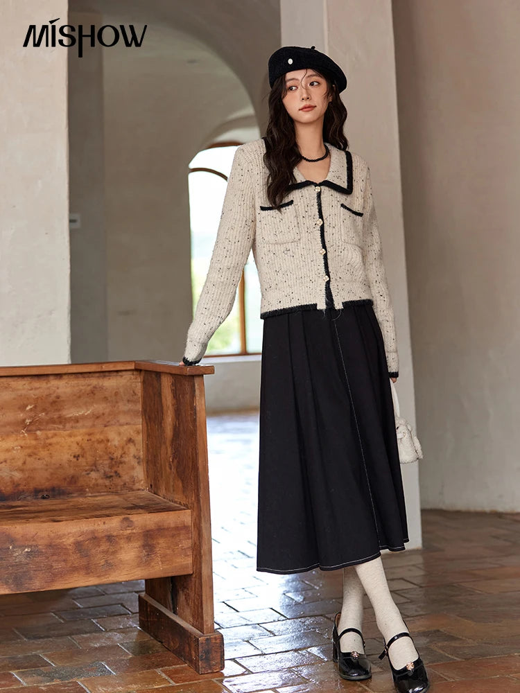 MISHOW Knitted Cardigan Color Clash Sweater Winter New Pockets Design Sweet Romantic Tops Versatile Coat Office Lady MXD55Z1054