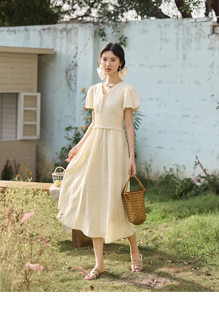 MISHOW French Summer Dresses Women 2025 New Short Puff Sleeve V-neck Solid Cotton Blended Dress Female Slimming MXE34L2288