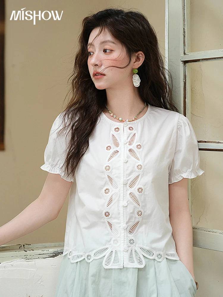 MISHOW 100%Cotton Hollow Embroidery Round Neck Shirt for Women 2025 Summer Puff Sleeve Casual Top Women's Clothing MXE39X1938