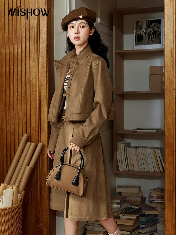 MISHOW Retro Suede Jacket Pleated Skirt Separately for Women 2024 Autumn Short Stand Neck Jacket A-line Short Skirt MXD44W0423