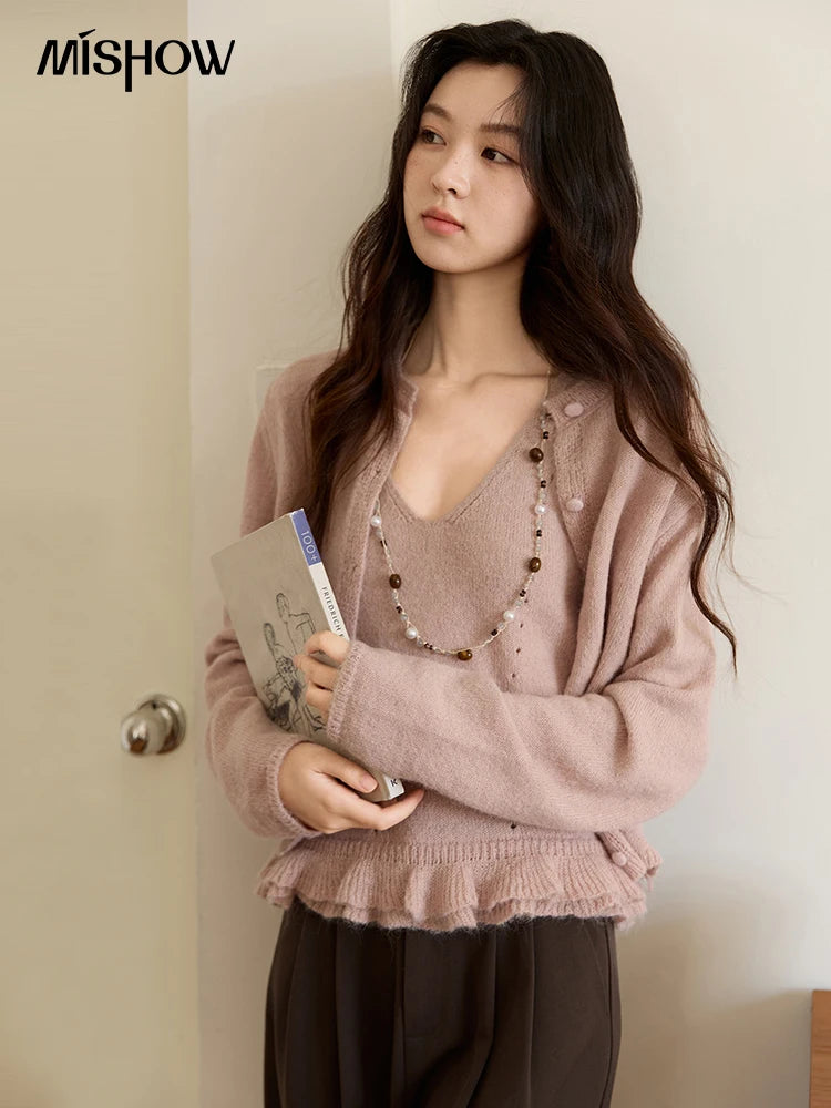 MISHOW Knit Cardigan for Women 2025 Autumn Elegant Pink Crew Neck Cardigan Loose Suspenders Two-piece Suit for Women MXE48T1404